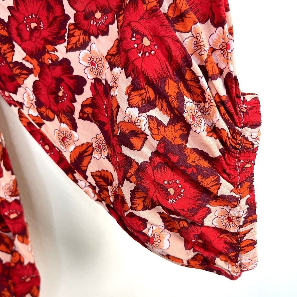 Gap Womens Floral 3/4 Sleeve Pintuck Blouse Top Size XXL Red Buttons Lightweight - Picture 7 of 12